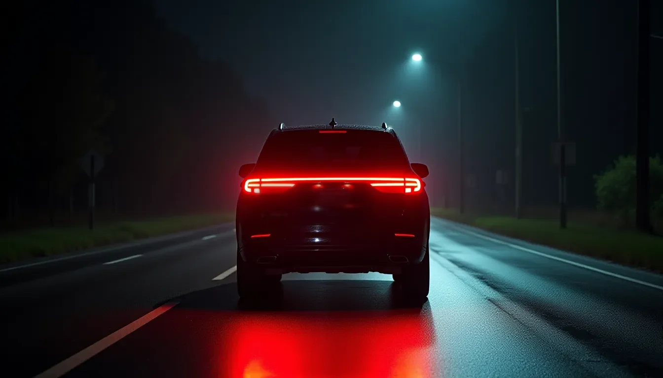 A black SUV driving down an empty small-town road at night with tail-light streaks