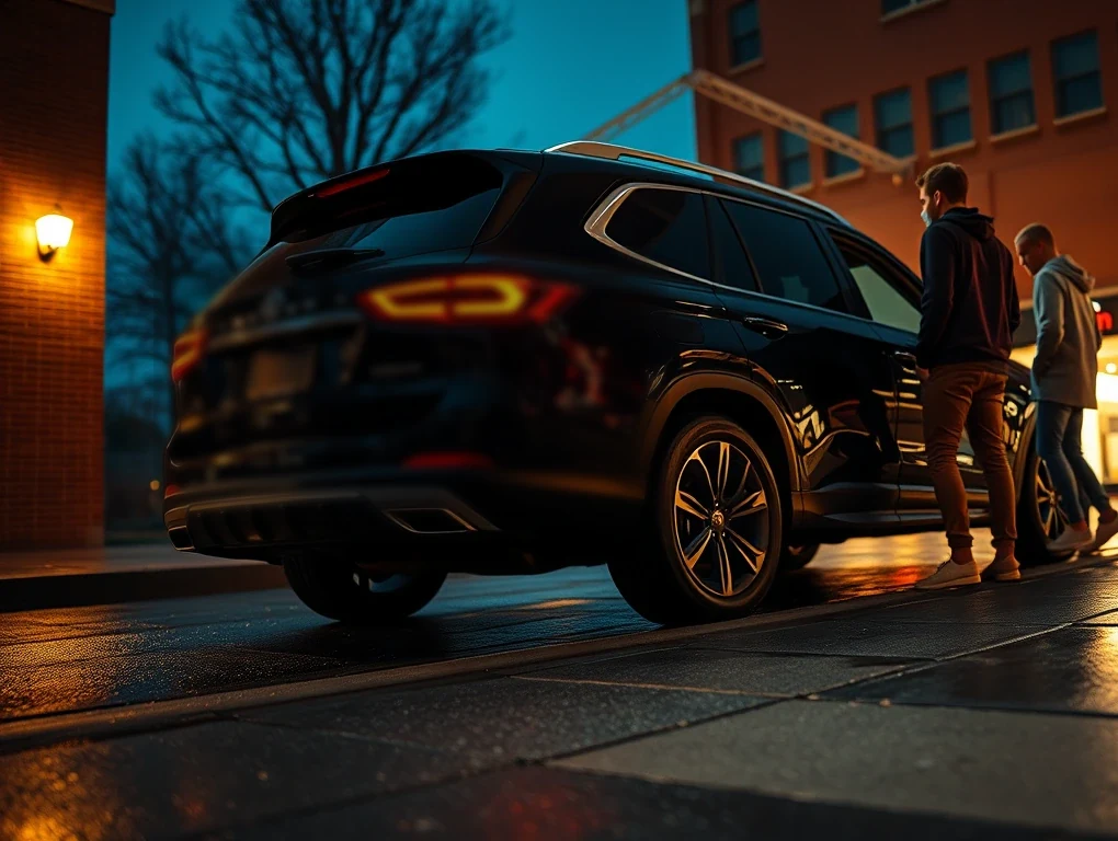 Two students walking up to the open rear door of a black SUV waiting at a wet curb at blue hour