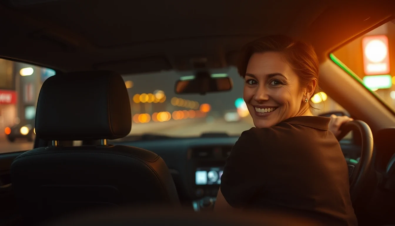 A driver at the wheel of a clean SUV at night turning to greet passengers, warm interior lighting