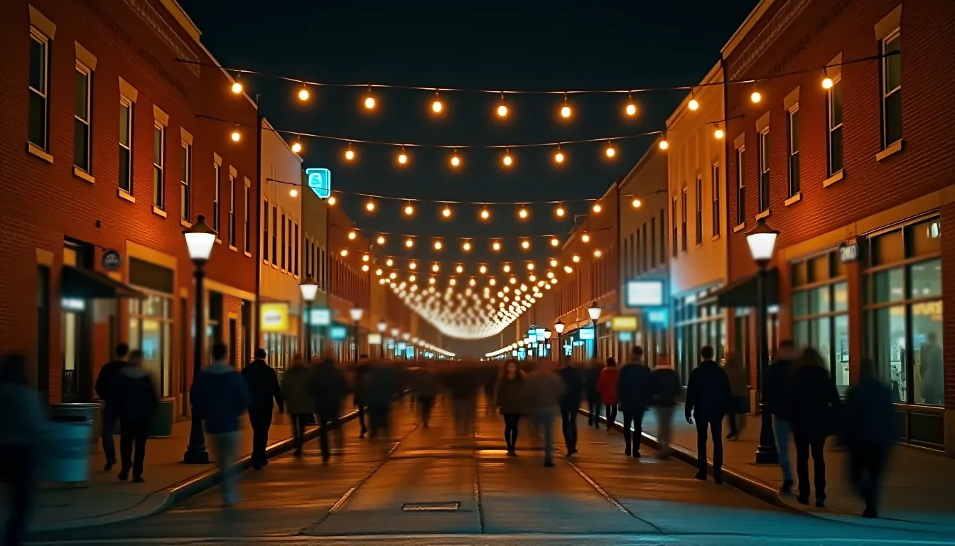 String lights strung over a brick storefront strip downtown at night with a blurred crowd
